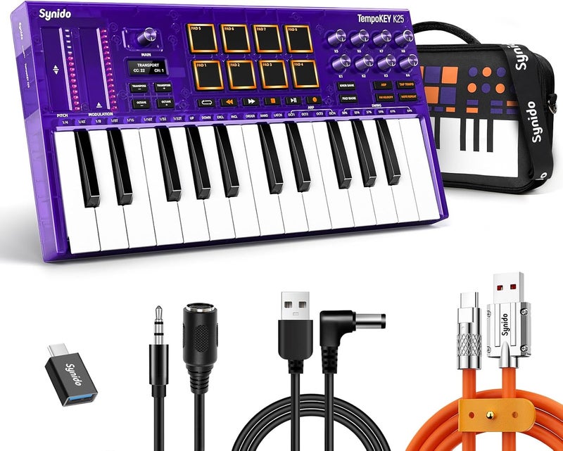 Synido 25 Key USB MIDI Keyboard Controller with Drum Pads, Professional Mini Midi Keyboard with OLED Screen, Beat Maker Machine for Music Production, Purple, TempoKEY K25 - Image 1